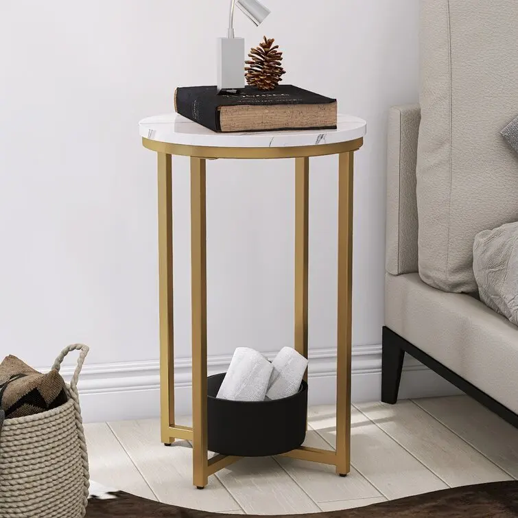 Adjustable Rotating Faux Marble Rose Gold End Tea Table Simplistic Small Wood Living Room Modern Round Accent Coffee Side Table