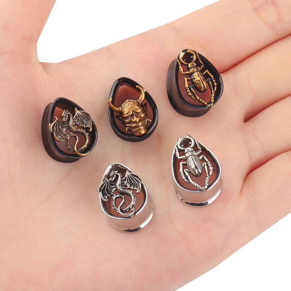 Lingchee Stainless Steel Beetle Dragon Ear Piercing Tunnels Plugs Gauges Body Jewelry Screw Expanders Earrings
