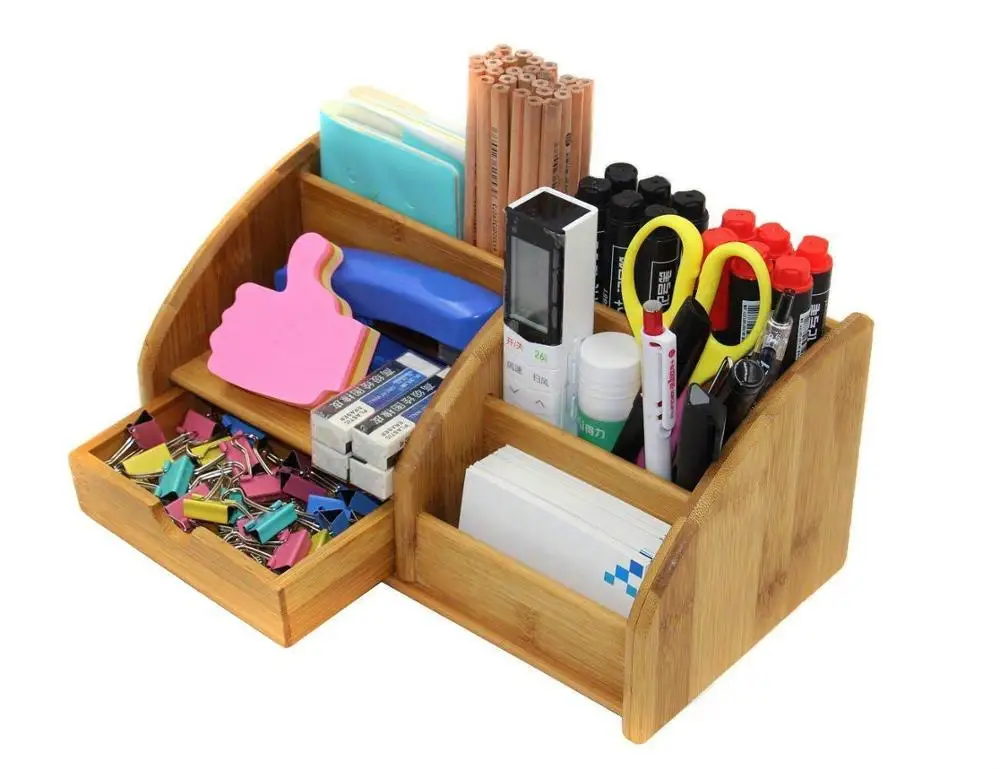 
Bamboo Desk Organizer Pen Holder Accessories Storage Caddy with 6 Compartments and Drawer 