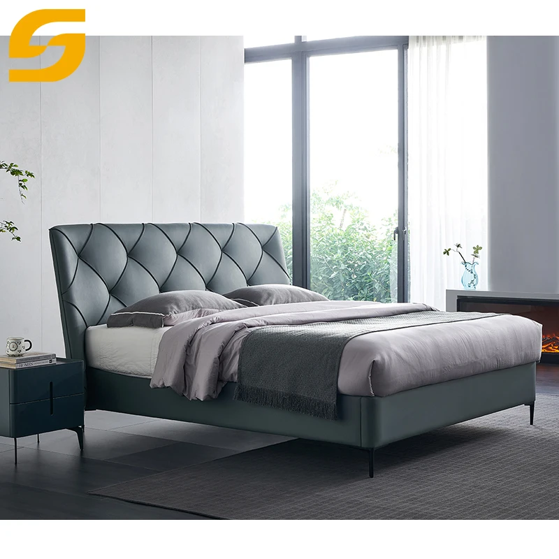 SUNLINK Furniture In Stock Cheap Full Size Army Green Bed Wood Frame Soft Up-Holstered Leather Queens Beds For Bedroom