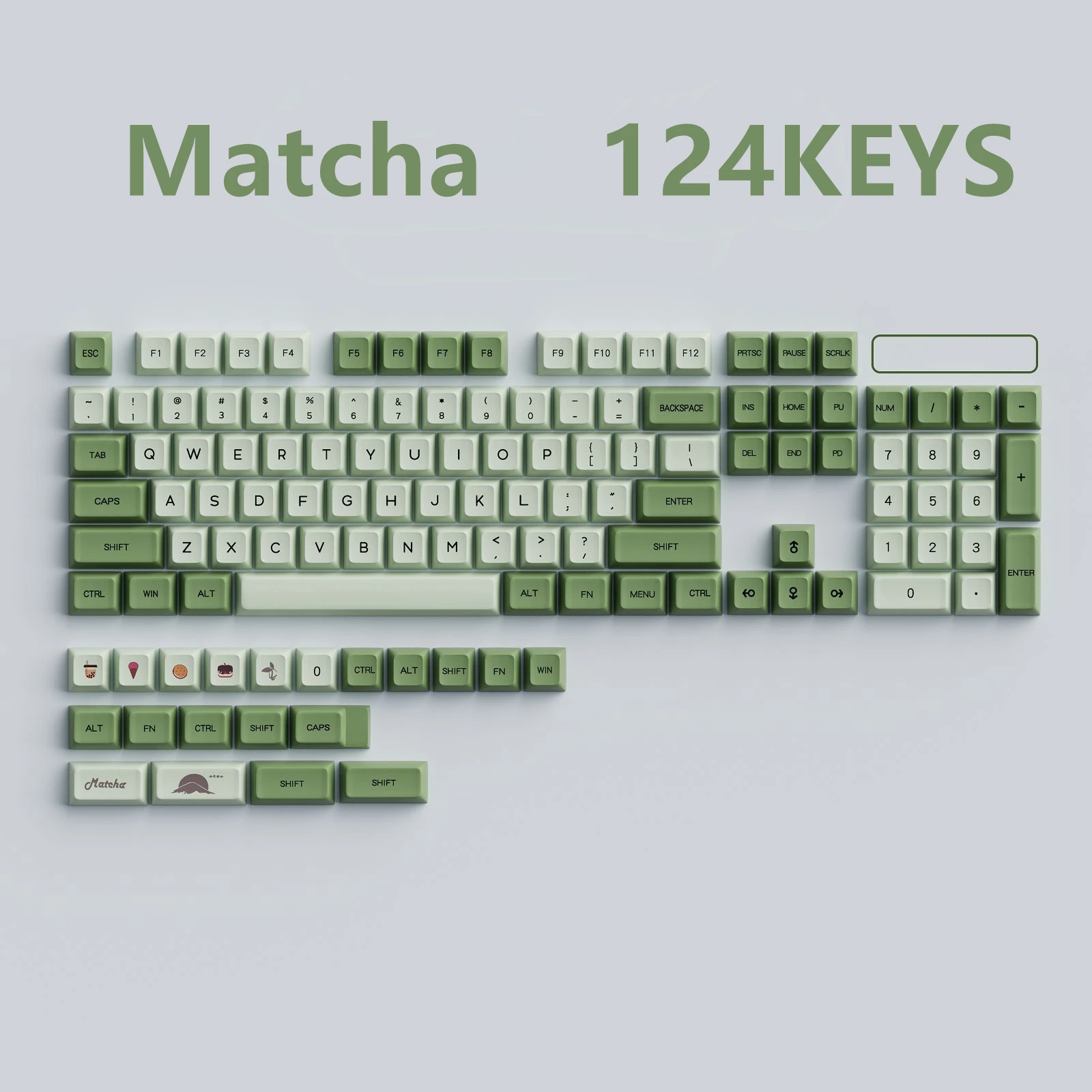 HZGAMER 124Keys Matcha Keycaps, XDA Profile Gaming Keyboard Custom Keycap
