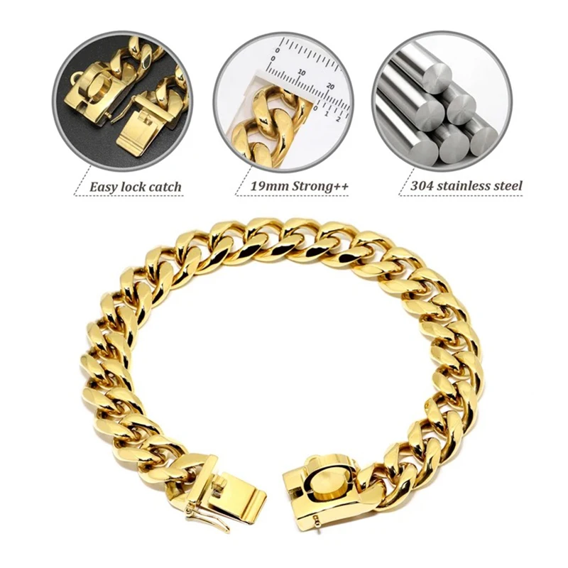 Factory Stainless Steel Chew Proof  19MM Gold Dog Chain Collar Metal with Design Secure Buckle for Dogs Cats