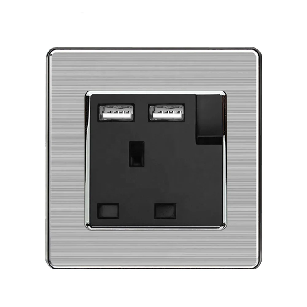 Stainless Steel Panel Single 13 a Uk Plug Socket With Switches And Usb