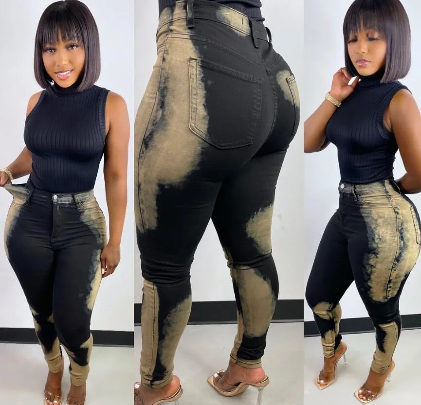 2021 Fall Women Pants High Waist Pencil Jeans Tie Dye Ladies Denim Sexy Patchwork Jeans For Girls