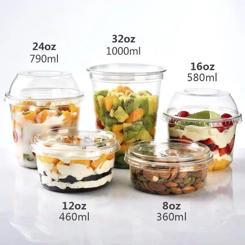 Round disposable composable cold food vegetable fruit salad yogurt cake clear pet plastic dessert cups with lid