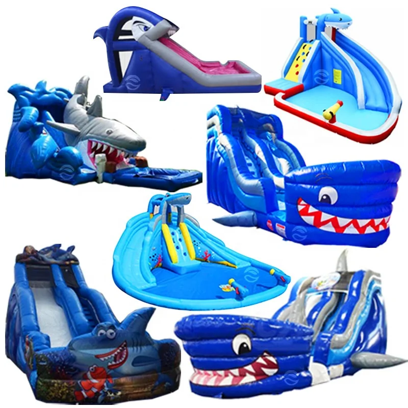 kids big shark waterslide commercial inflatable water slide with pool