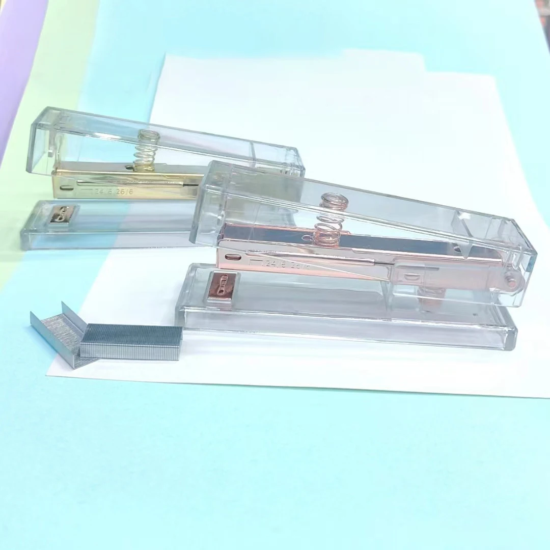 Office desktop fancy gift new design full strip decorative transparent luxury clear plastic cover rose gold stapler