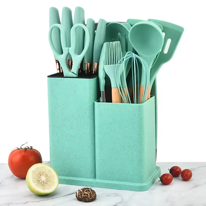 Hot Sale Silicone non-stick kitchenware set 19 pieces kitchen utensils set silicone with wood handle