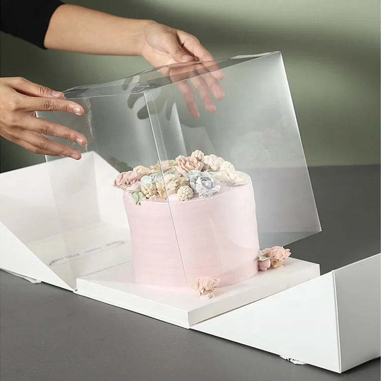 Custom  High Quality Disposable PET Paper Luxury Clear Decorative Wedding Square Cake Box
