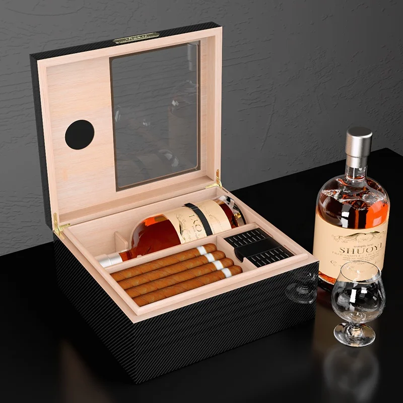 carbon fiber spanish cedar wood pack display cooler cigar wine cigar humidor storage cabinet box  with tray custom