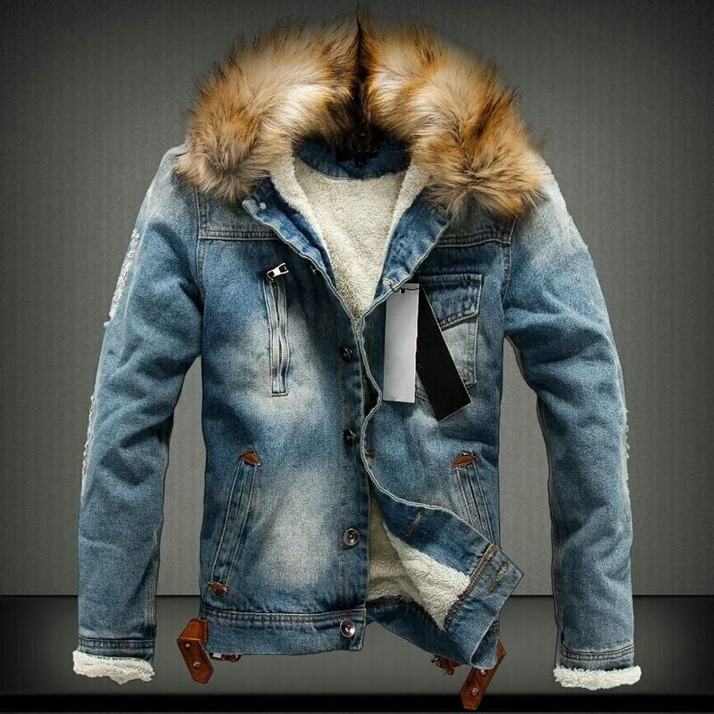 
Winter Autumn Pocket Button Warm Faux Fur Coat Men Denim Jacket with Fur Collar 