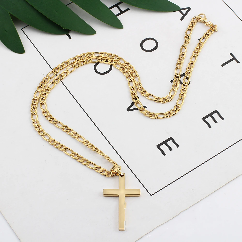 Energinox Wholesale Christian Jesus Rose Wood Inlay Stainless Steel Simple Plain Cross Pendant Necklace for Men 20 inches Chain