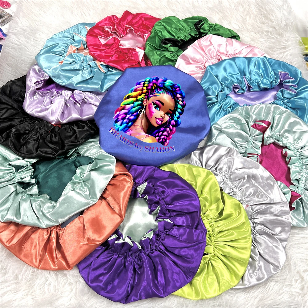 No Logo Soft Satin Bonnet Silk Sleeping Shower Cap double sided reversible bonnet