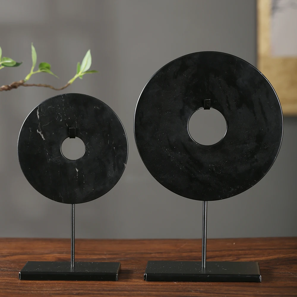 chinese antique style home decoration  iron stand jade black bi disc