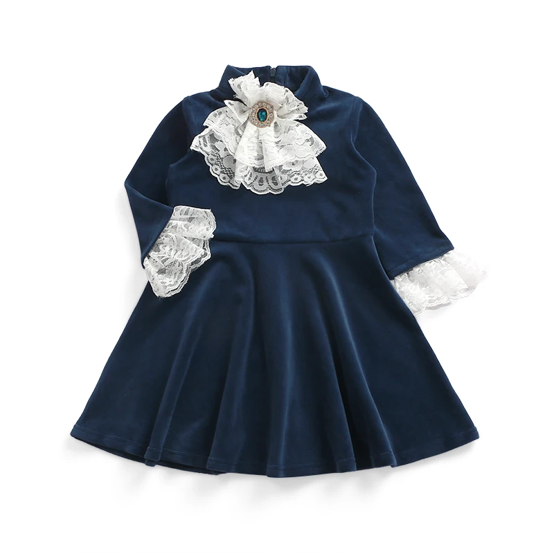 Fall princess baby dress blank velvet lace tie jewel long sleeve lace cuff party frocks zipper up pleated dress for girl