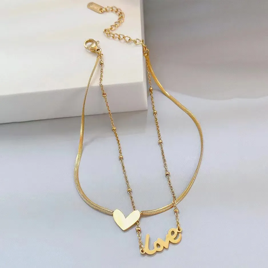 Luxury Double Layer Heart Beach Anklet for Girls Stainless Steel with Waterproof Gold Plating Fine Jewelry