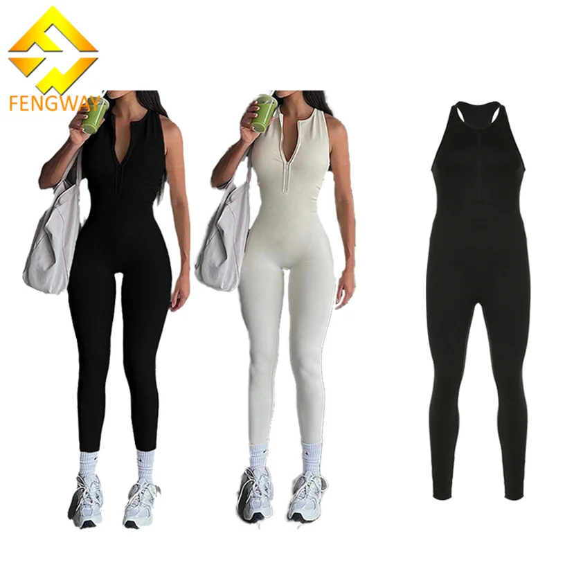 2024 New Arrivals Zipper Front Sleeveless Jumpsuits Sport Yoga Bodysuits For Women Gym Fitness Tight Jumpsuits