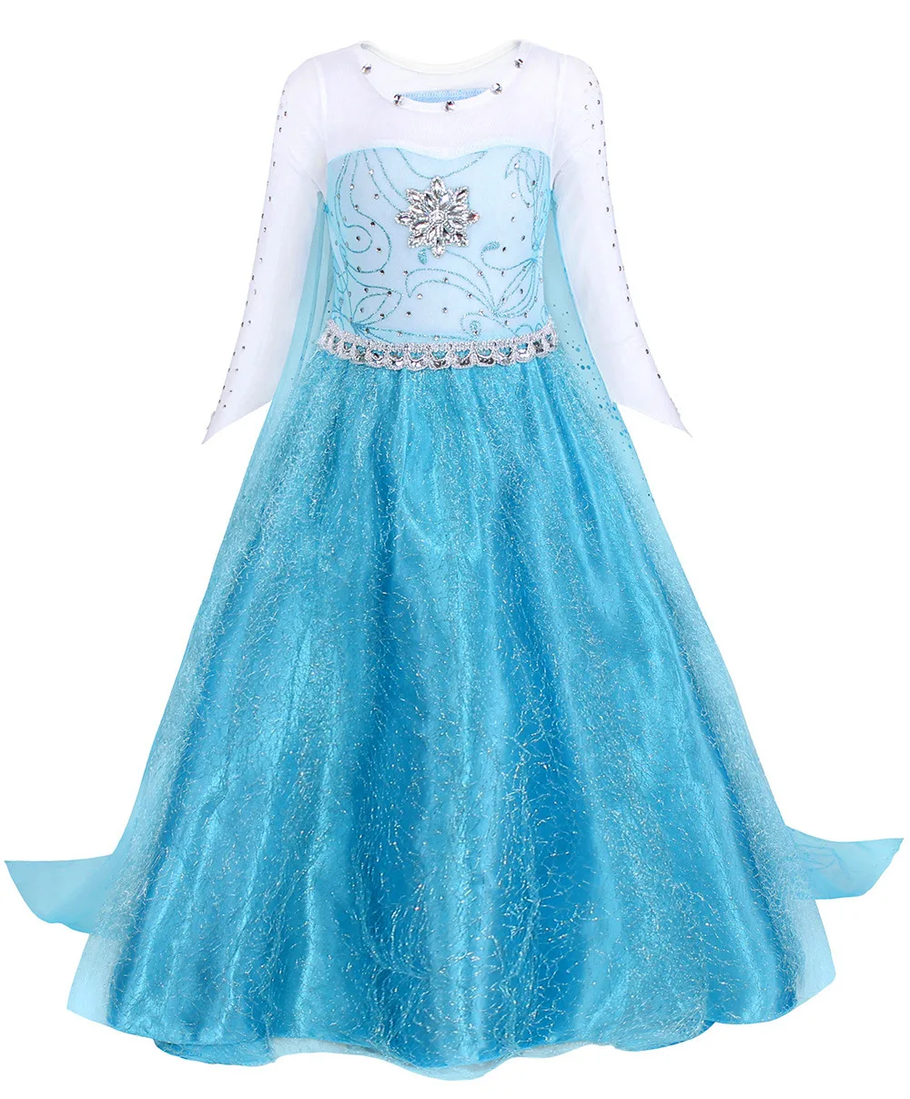 Long Sleeve Elsa Funna Fancy Party Blue Princess Dress Up Anime Costume Cosplay for Girls with Accessories