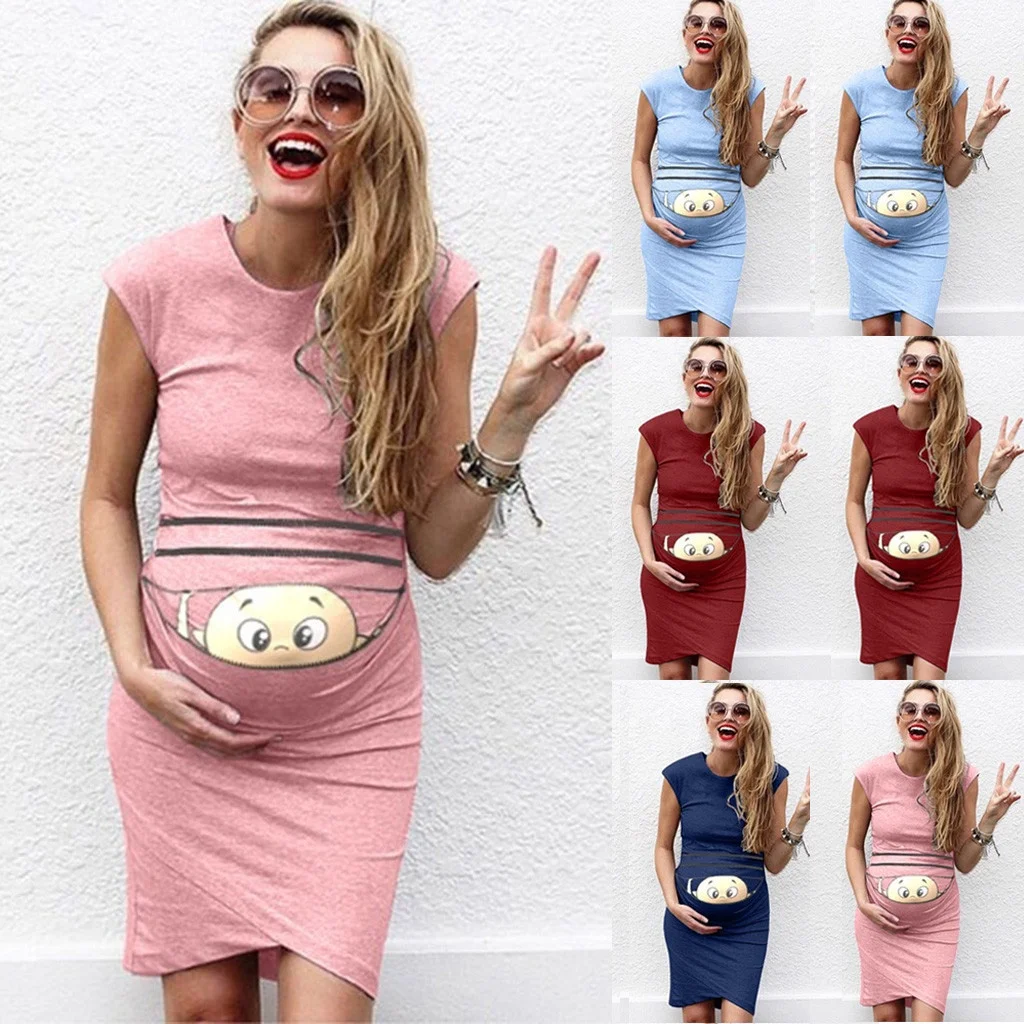 
Fancy Design Sleeveless Cute Baby Printed Tight-Fitting Dress Pregnant Women Bodycon Dress Maternity Clothes for Photoshoot 