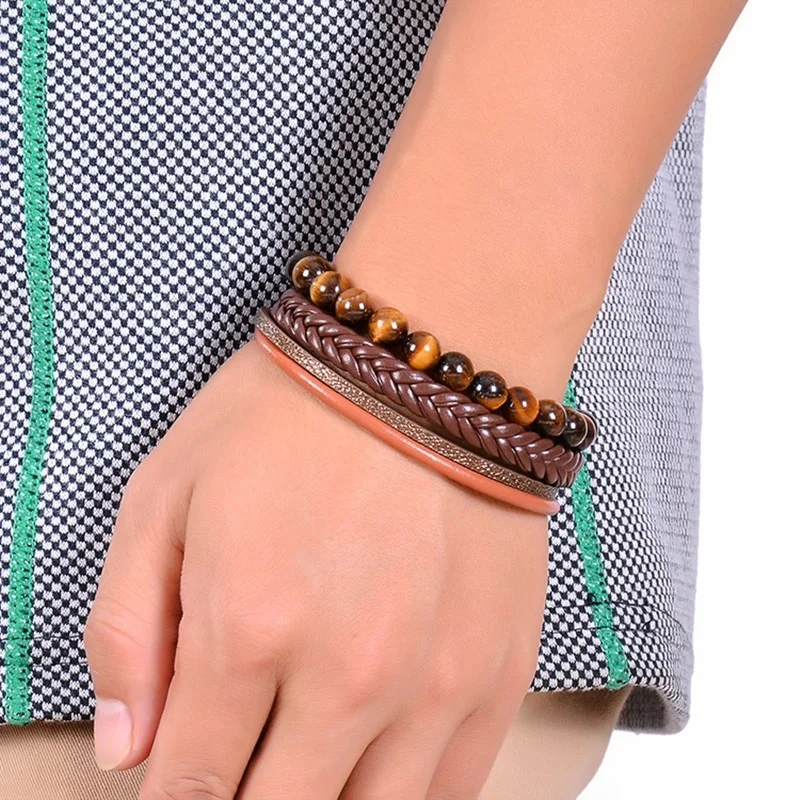 Wholesale designs with natural tiger eye stone  handmade beads multilayer stainless steel magnet buckle leather bracelet