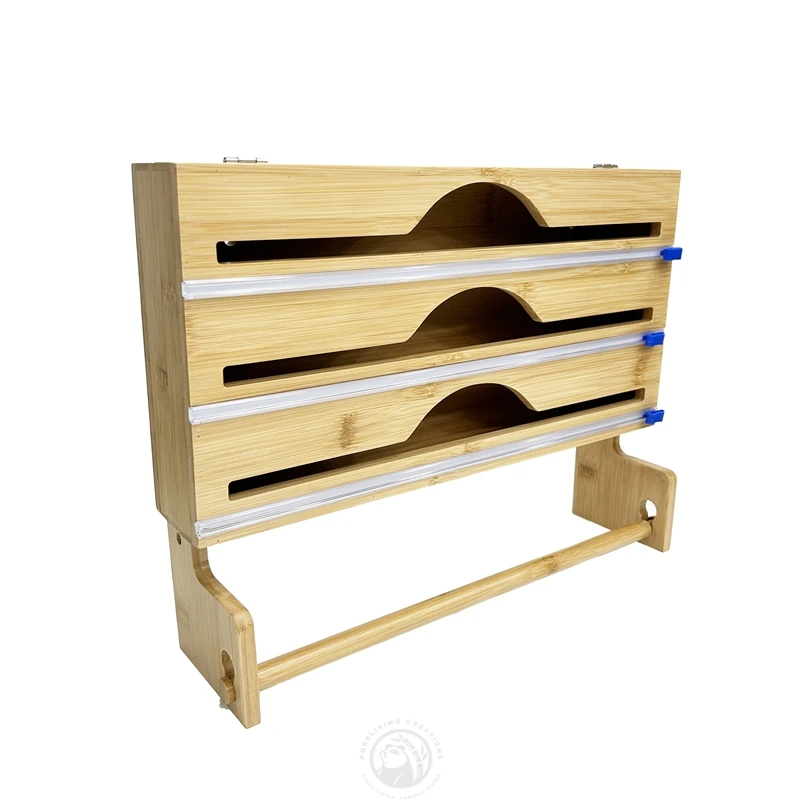 Hot Sale Plastic Wrap Organizer Bamboo Foil Dispenser With Paper Towel Holder For Kitchen