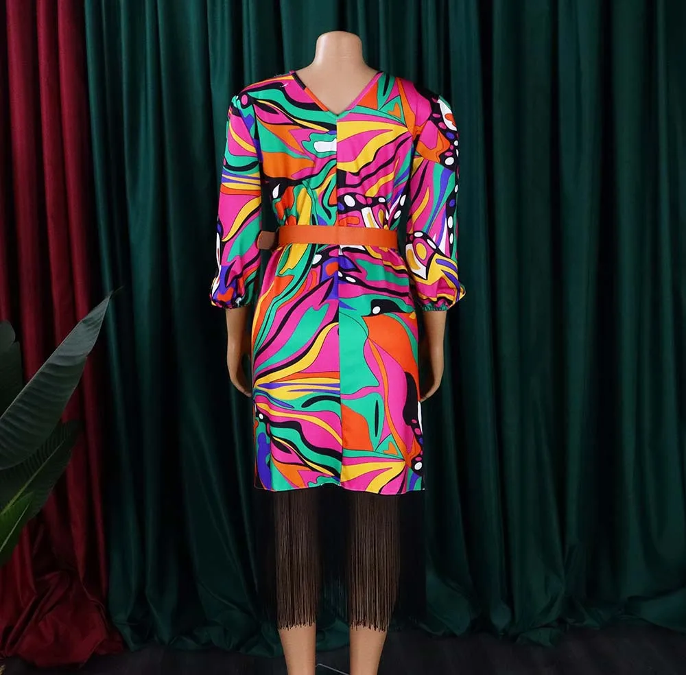 BOBOYU 2022 african women casual office dress fashion colorful printed half sleeve blazer dress elegant tassel dress with belt