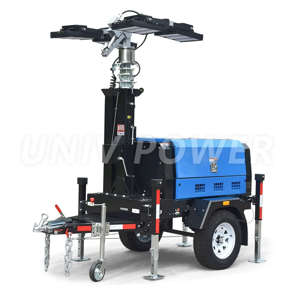 Towable diesel generator LED light tower with hydraulic mast
