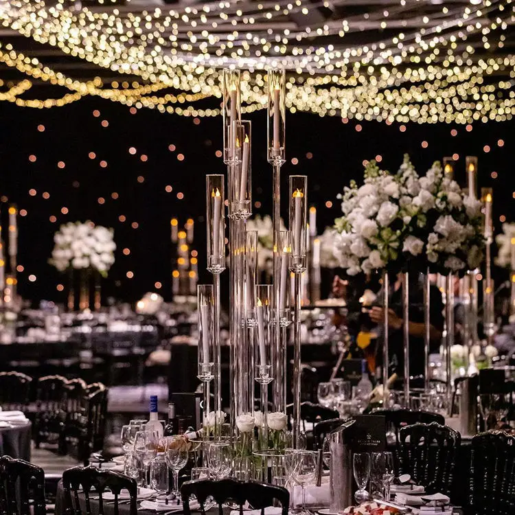 Hot Selling Factory Price Glass Crystal Vase Transparent 3D Laser Carved Candle Holder Black 7-Arm Wedding