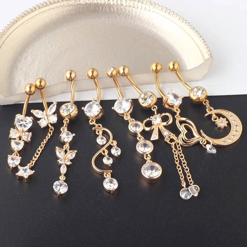 8pcs/set Stainless Steel Butterfly Moon Heart Wing Water Drop Zircon Sexy Belly Ring Navel Piercing Women Button Ring Jewelry