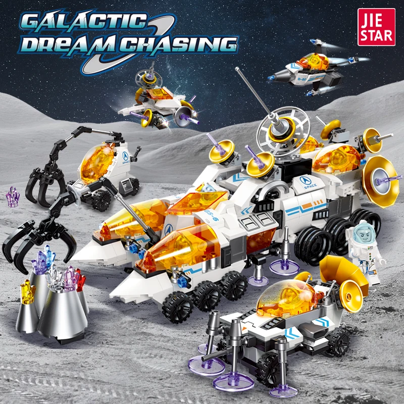 JIESTAR 607 pcs 6 in 1 lunar roving vehicle model building block kit children stem educational science toy kids diy space toy