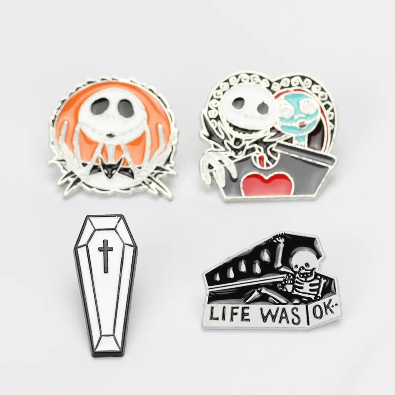 Life Was Ok Pop Creative Retro Punk Skeleton Tombstone Skeleton Coffin Brooch Cowboy Bag Accessories Lapel Pin