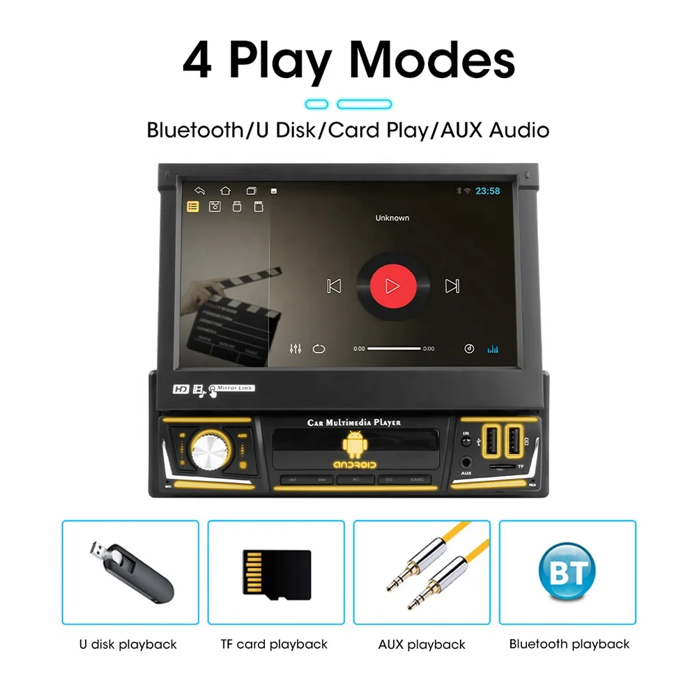 Jmance 7 inch Screen Retractable 1 Din Universal Car Radio 1024*600 Multimedia Playback DSP 48 EQ Player Video Music DVD Player