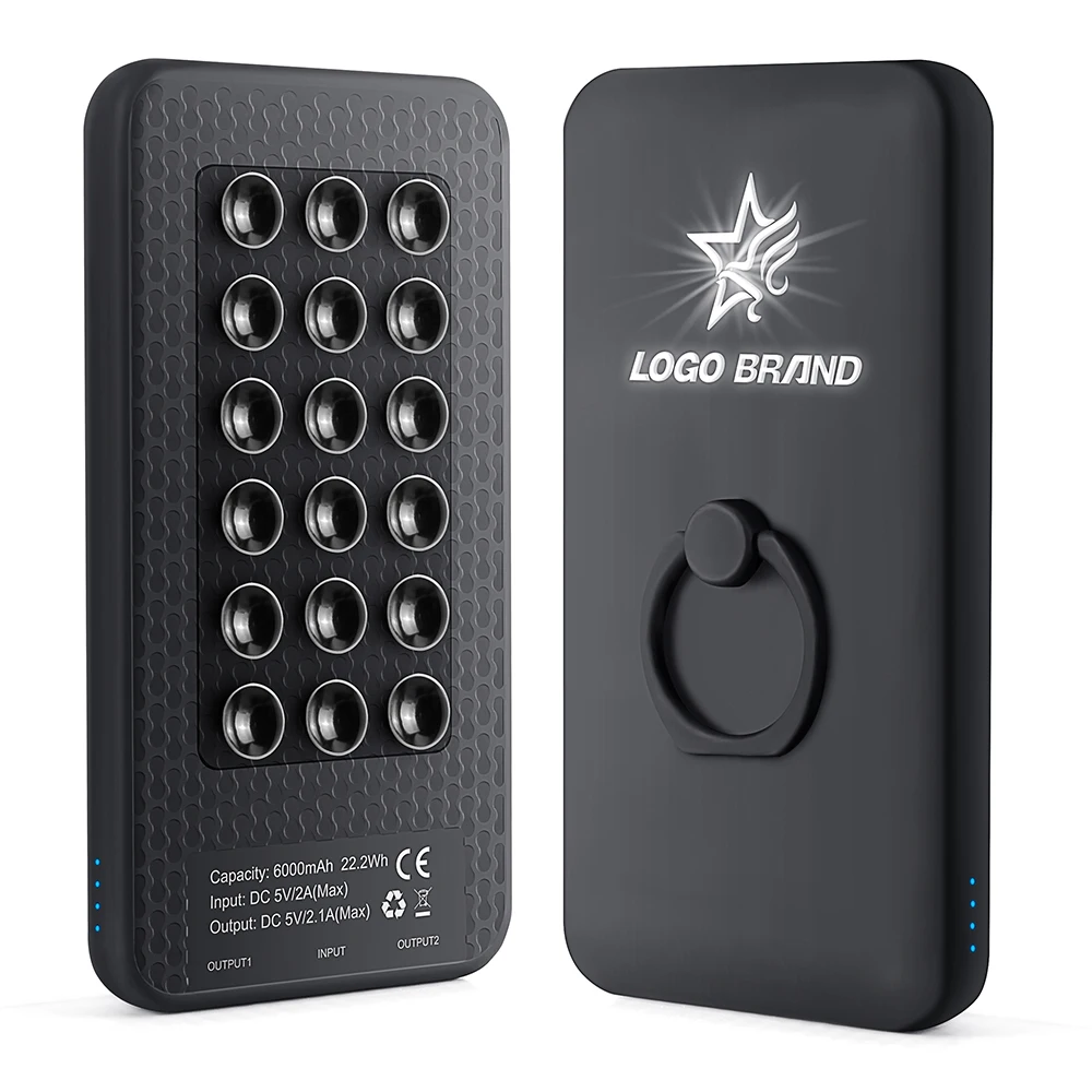 Suction Cup Power Bank With Finger Ring Portable Charger Light Up Logo Powerbank Custom Logo Power Banks 5000Mah