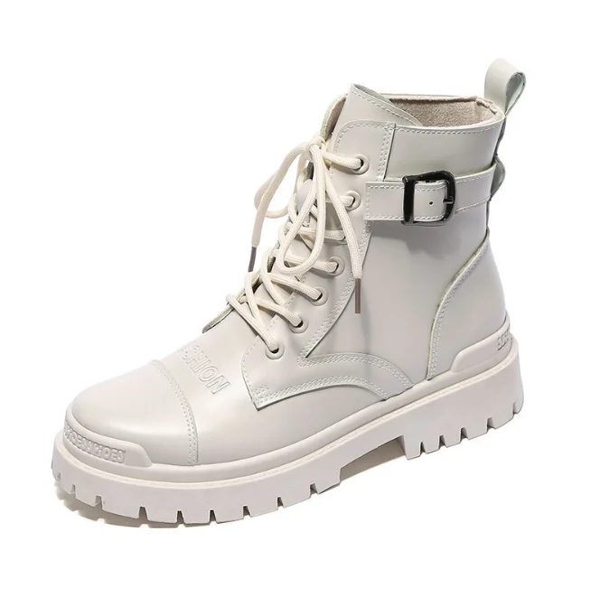 White Lace  Ankle Buckle Pu Flat Winter Women Snow Lady Fashion Casual Combat Boots