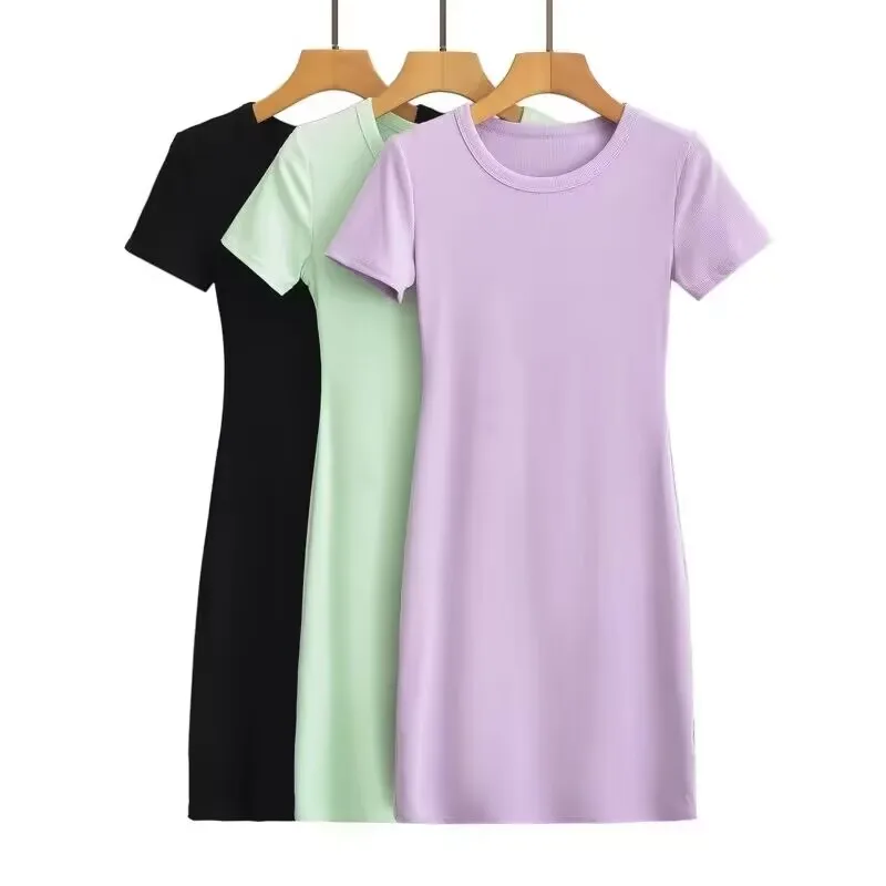 wholesale high quality cotton slim fit black dress women spandex ribbed woman tshirt dress summer round neck sexy woman dress