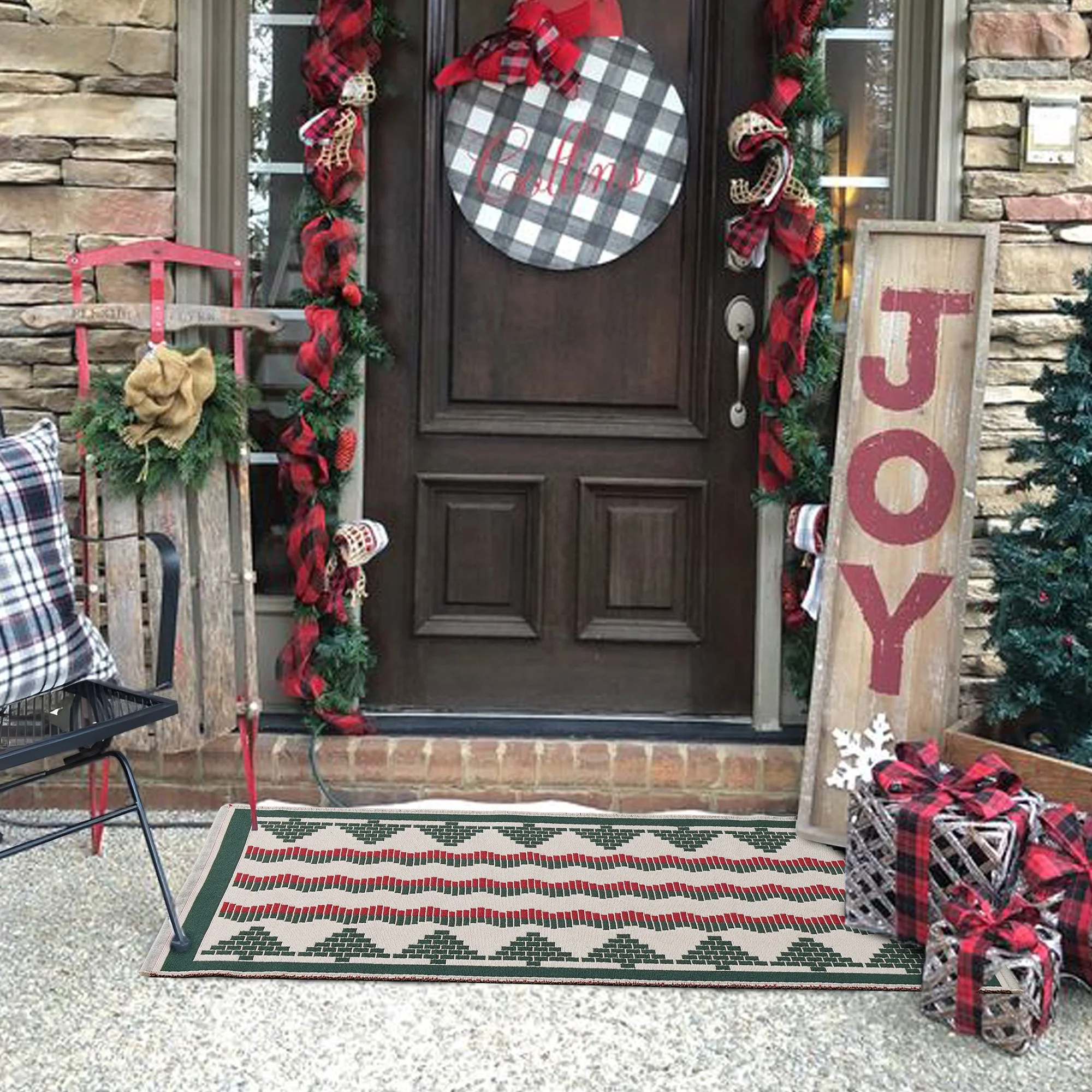 Christmas Unique Six Colors Mixed Double-Sided Weave Technic Reversible Use Door Mat Area Rug With Fringe