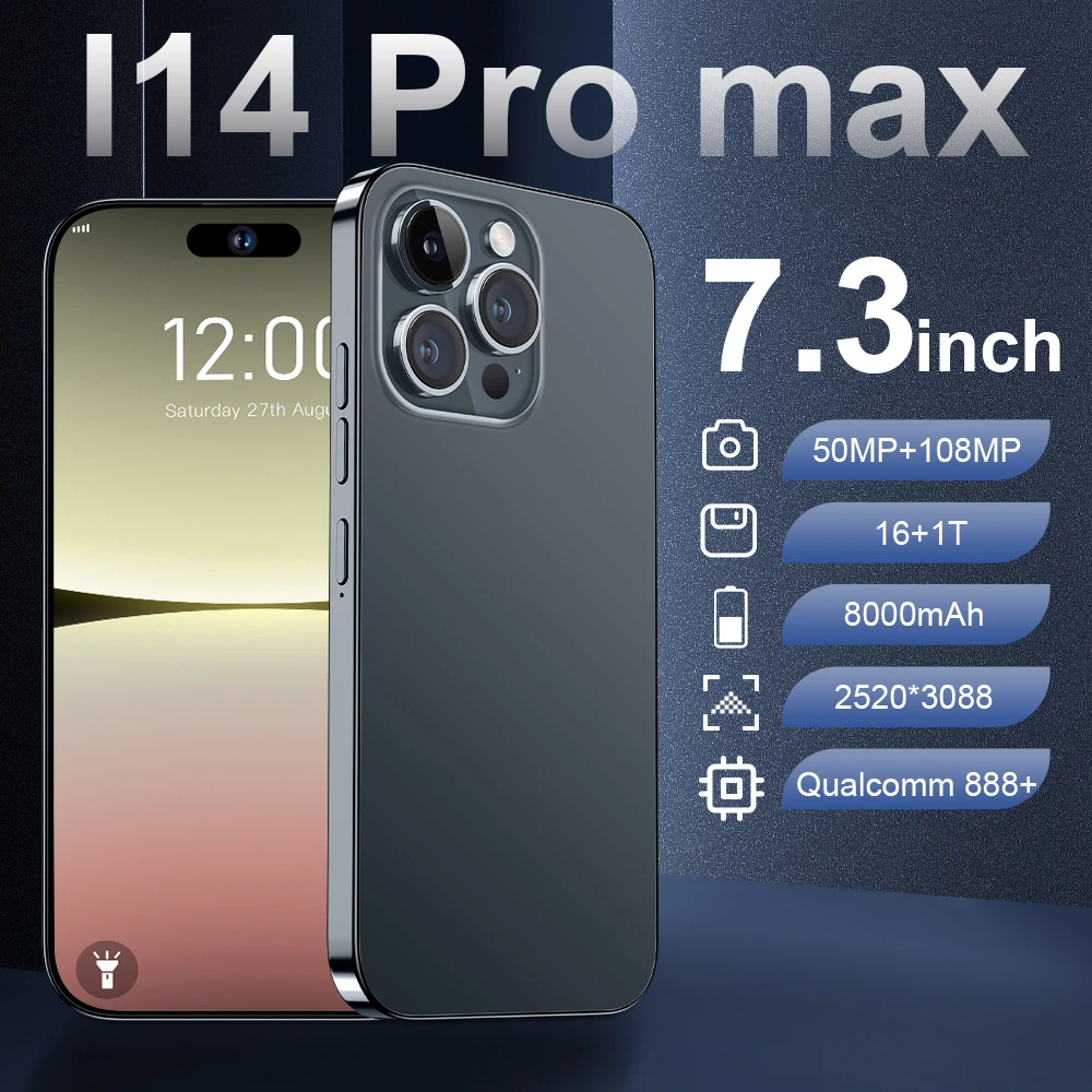 High quality mobile phone i14 Pro Max 4G/5G Hot Android phone 7.3inch 16gb+1t Dual SIM gaming smartphone