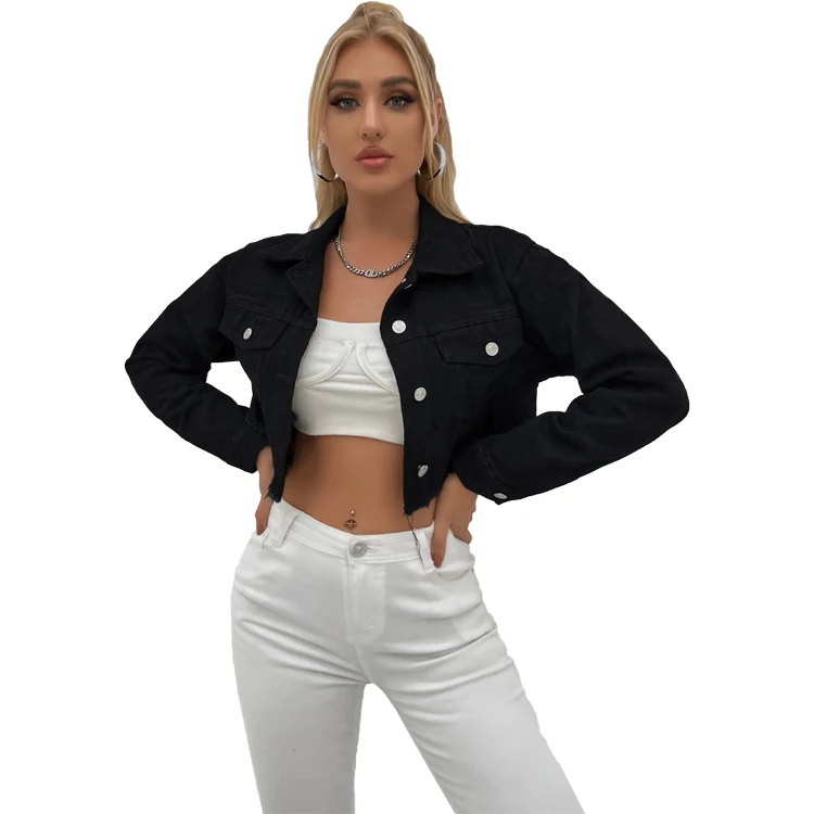 Wholesale new fashion long sleeve short denim jacket drop shoulder raw hem black denim jacket
