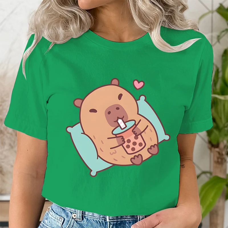 Boba Tea Capybara Print T Shirt for Women Anime Kawaii T-shirts Graphic Tees Ladies T-Shirt Unisex Hip Hop Tops Harajuku Tshirt