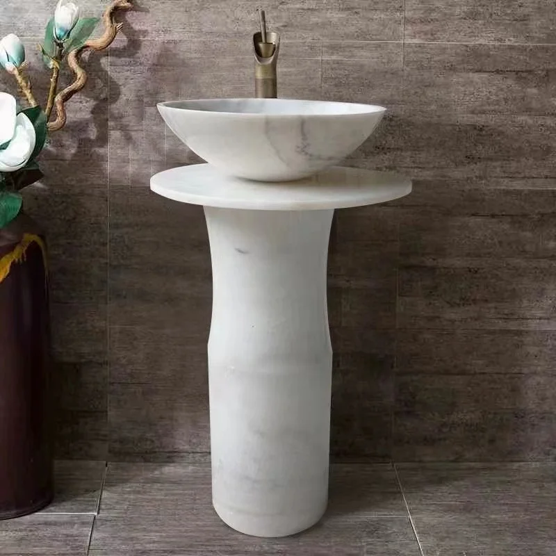AQUARIUS three pieces White marble wash sink floor mounted pedestal basin with countertop