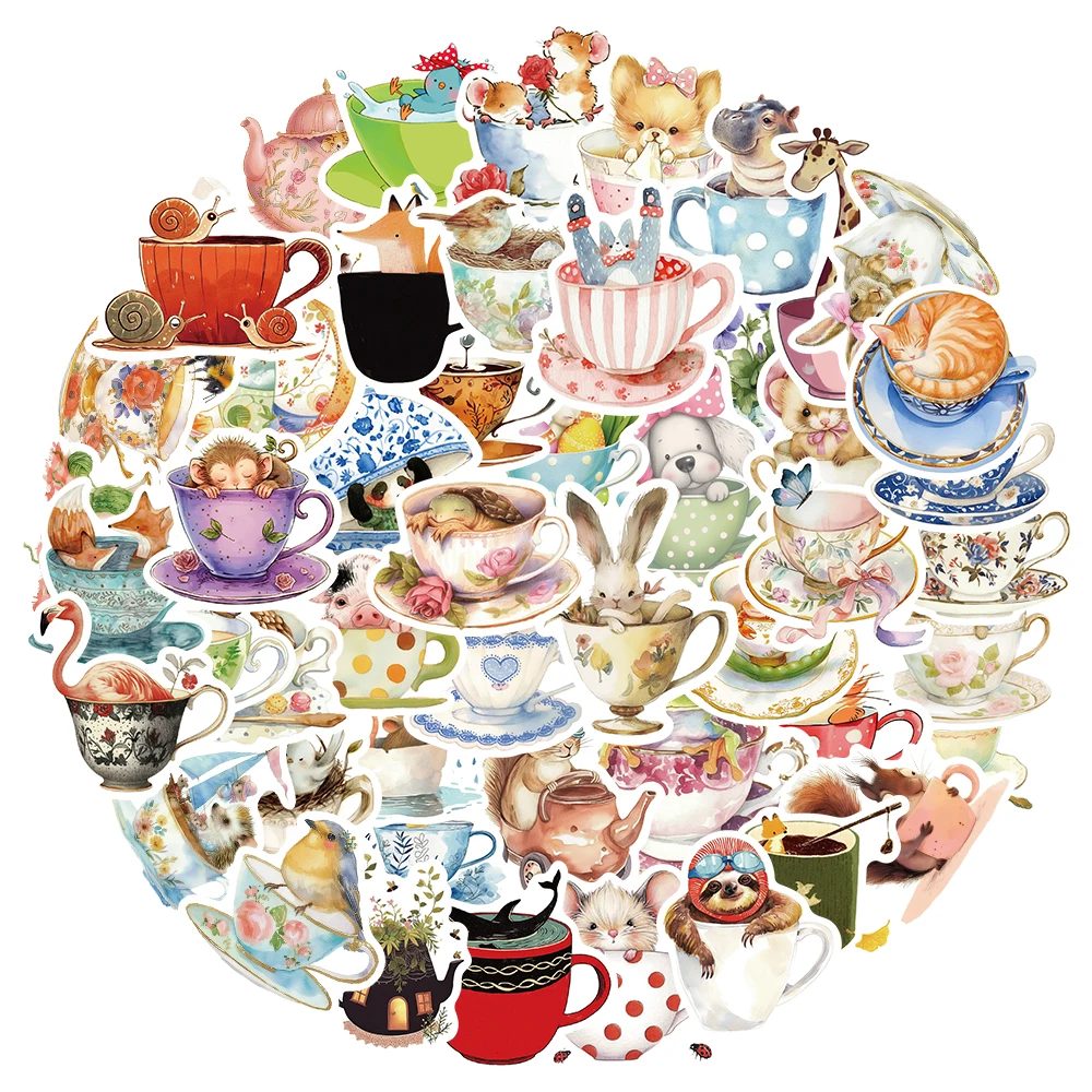 50pcs Watercolor Painting Of Teacup Animals Graffiti Waterproof Sticker Diy Decorative Phone Case Diary Laptop Toys Stickers