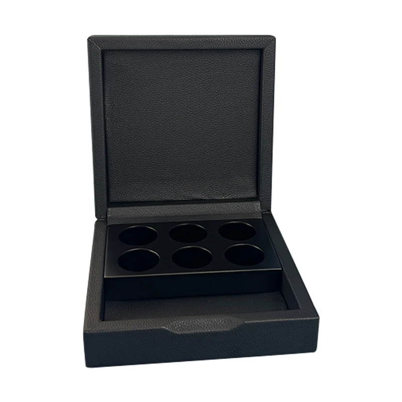 High quality Instant coffee black PU leather box hot sale 6 Slots  capsule coffee matte lacquer wooden box