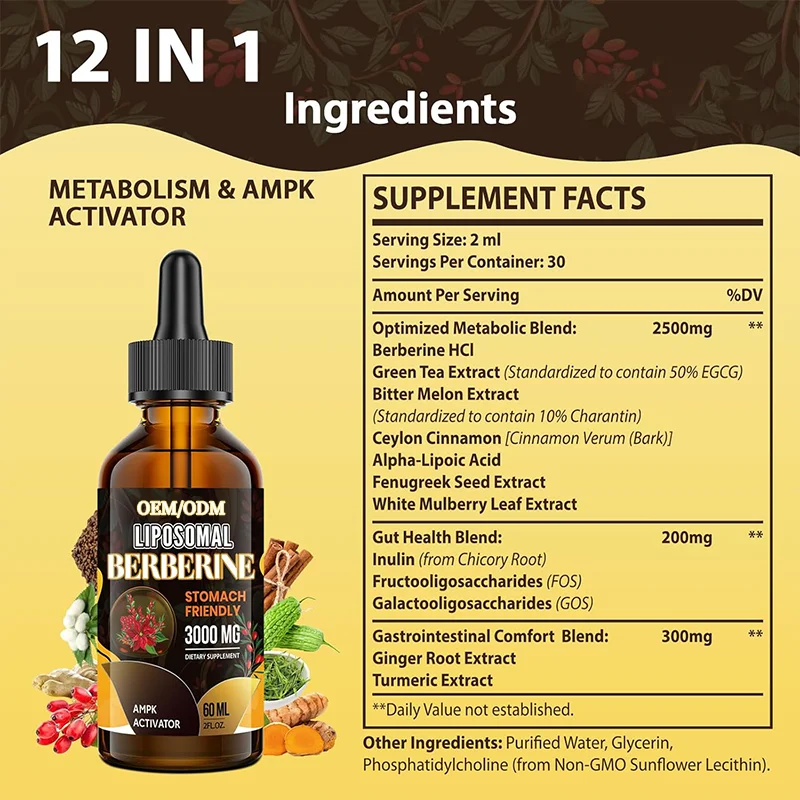 GMP factory Herbal Extract Supplements Berberine Hydrochloride Hcl Liquid Berberine Drops