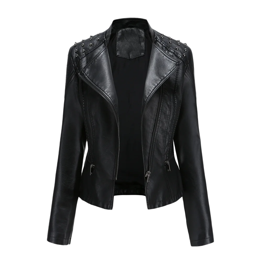 
New Arrival High Quality Zipper Turn-down Collar Pockets Black Motorcycle Women PU Leather Jacket// 
