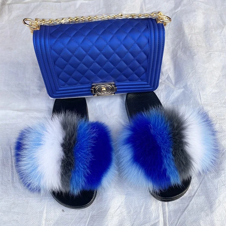 
Custom Dropshiping Soft Flat Fur Slipper With Purse Fur slides Matching Slippers Sets 