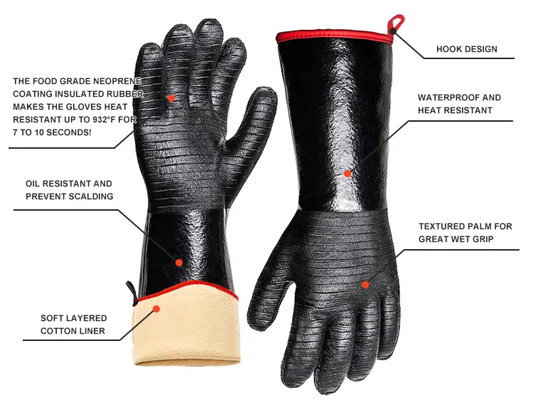 Black 932 degree Heat Resistant Waterproof Oil Resistant Neoprene Barbecue Insulation Bbq Oven Work Protective Long Gloves