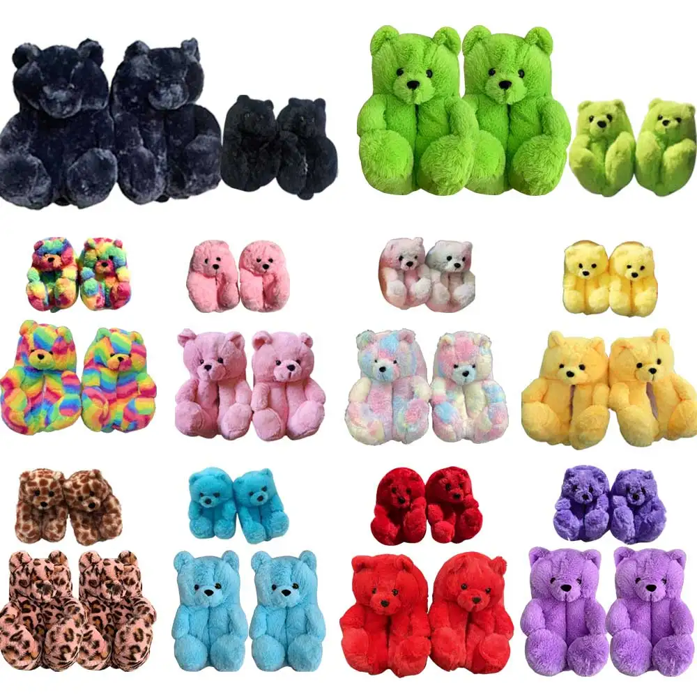 21 Colors Kids Fur Slides One Size Mommy And Me Plush House Teddy Bear Slippers Fluffy Slippers Furry Bear Shoes