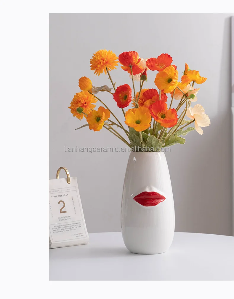 High Luxury Minimalist Boho Creative Floral Vases Ceramic Modern Vases for Home Decor Decorative Vase with Red Lip.jpg