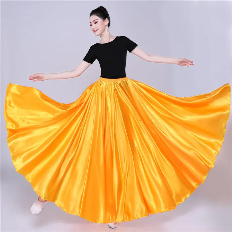 360 Degree Satin Skirt Belly Dance Women Gypsy Long Skirts Dancer Practice Wear Assorted Solid Purple Gold Dance Skirt
