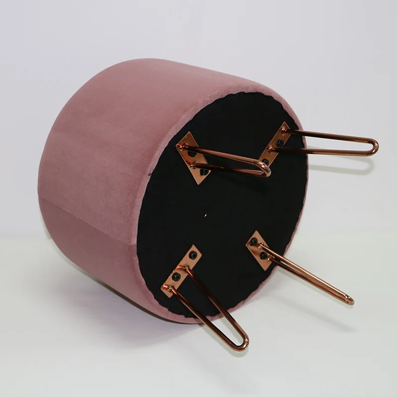 Reatai velvet round pink colour ottoman stool customized metal leg with buttons elegant stool with legs